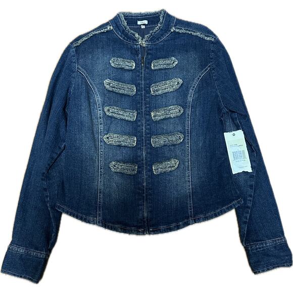 Reba Denim Military Style Jacket Distressed Trim Blue Women’s Small NWT - Picture 1 of 10